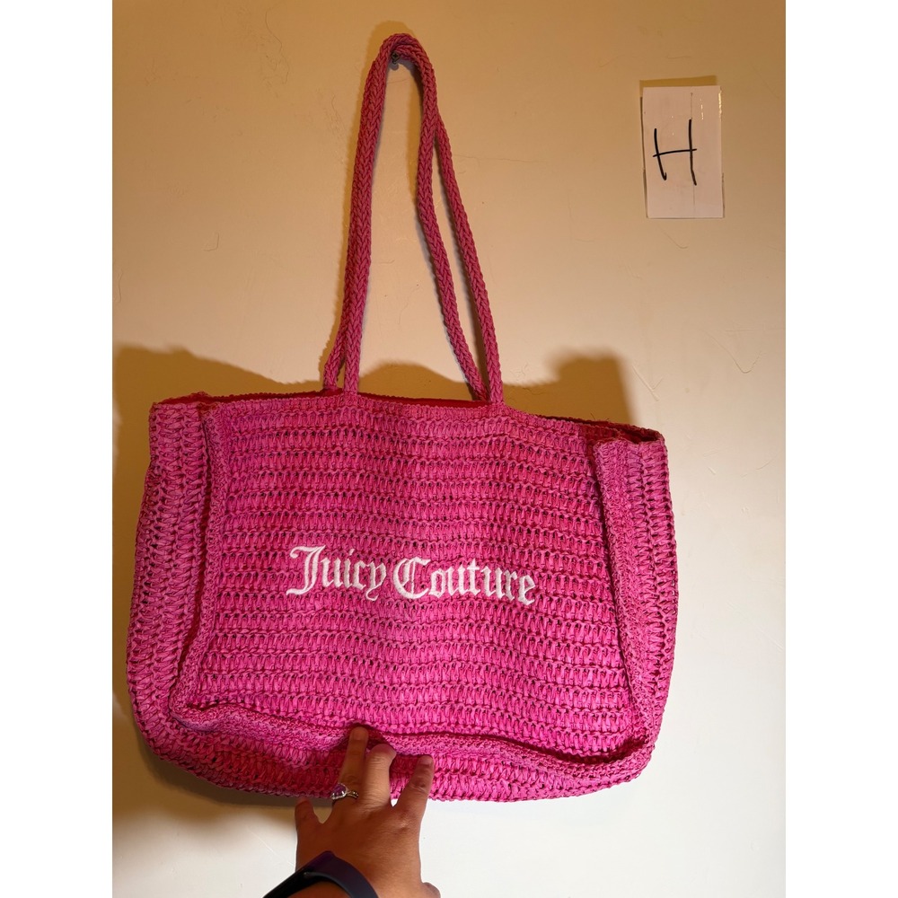 Juicy Couture Tote Bag Straw Woven Embroidered Logo Hot Pink Large